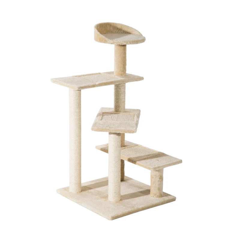 PetCat Trespolo per Gatti Multilivello con Tiragraffi in Sisal, Albero per Gatti con Piattaforme e Cuccia in Peluche Beige, 50x5
